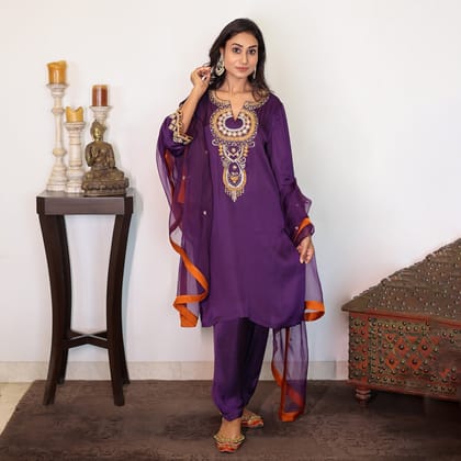 Purple modal silk embroidered kurta set with organza dupatta-XS