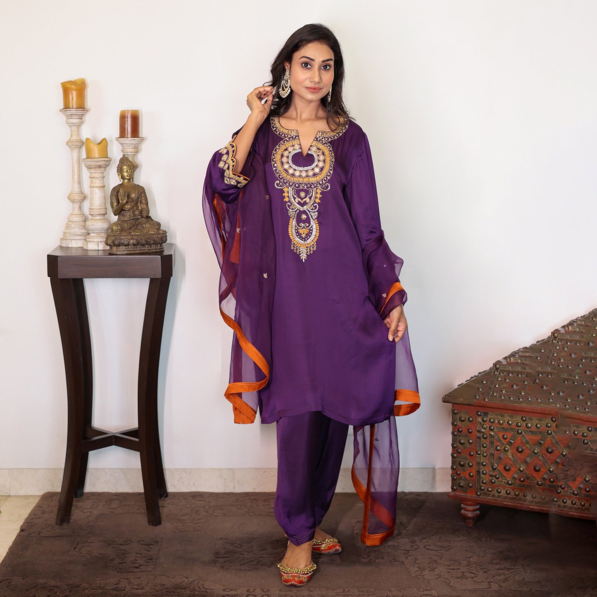 Purple modal silk embroidered kurta set with organza dupatta-XS