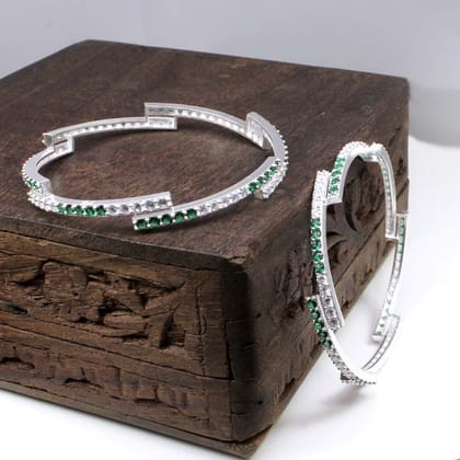 Real Silver Green White CZ Women Bangles Bracelet 5.6 CM - Pair