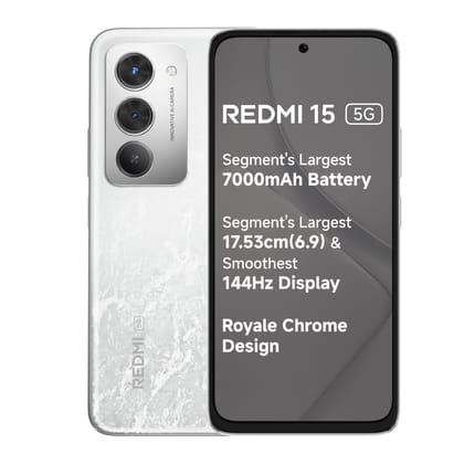 Redmi 15 5G Frosted White 6GB + 128GB | Segment's Largest 7000mAhA Battery | Segment's Largest Display 17.53cm(6.9) Up to 144Hz | Snapdragon 6s Gen 3 | 18W Reverse Charging | 50MP AI Dual Camera