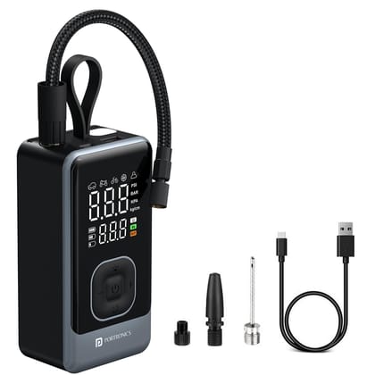 Portronics Vayu 8.0, Digital Rechargeable Tyre Inflator with In-Built Hanging Support, 2X2000mAh Batteries, Auto Shut Off, LED Light, SOS, Pressure Detection, Type-C Charging, for Car by Bike by Ball(Black)