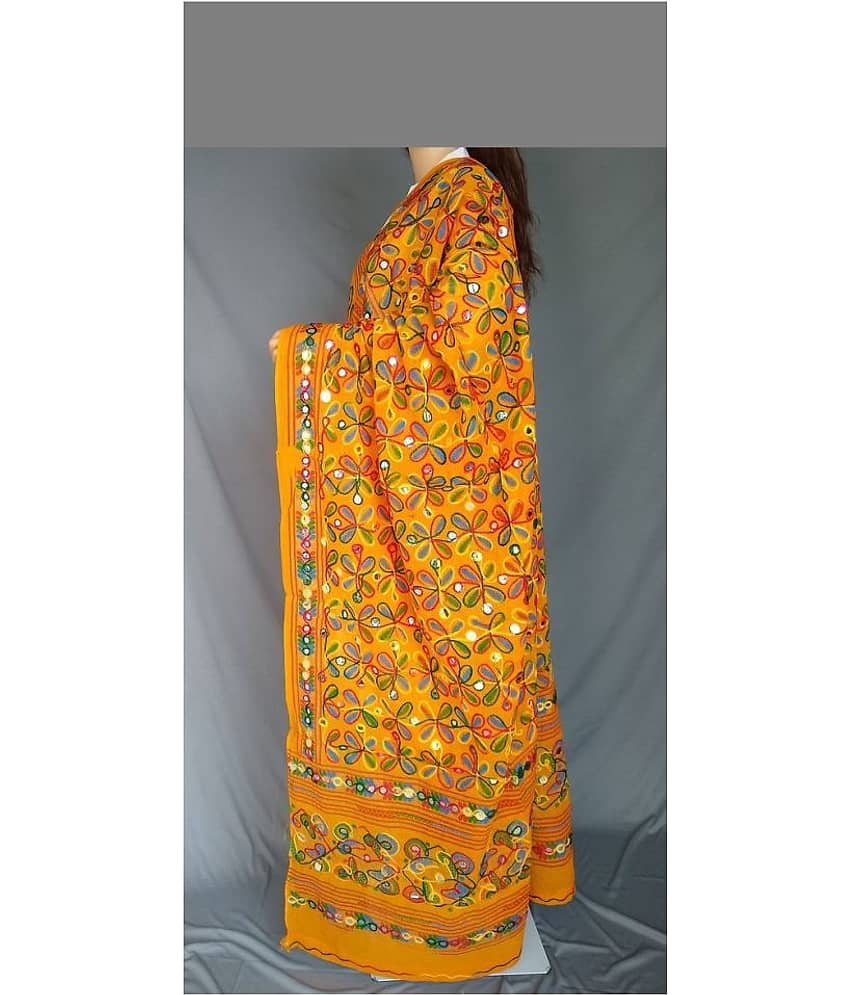 Apratim Yellow Cotton Kutch Embroidered Dupatta - Single