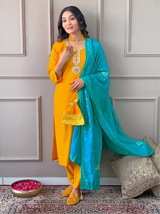 YELLOW REYON EMBROIDERY WORK KURTI PANT WITH FANCY DUPATTA-S