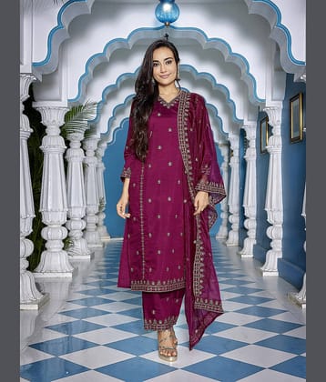 Royal Export Chanderi Embroidered Kurti With Palazzo Women's Stitched Salwar Suit - Purple ( Pack of 1 )