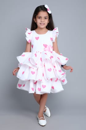 Heart Layered Cotton Dress With Matching Clip -Pink-1-2Y / Pink