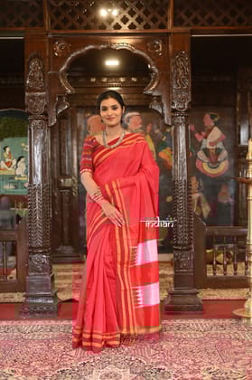 Handloom Cotton Viscose Ilkal Saree With Pure Resham Pallu - Bright Red  With Red Border