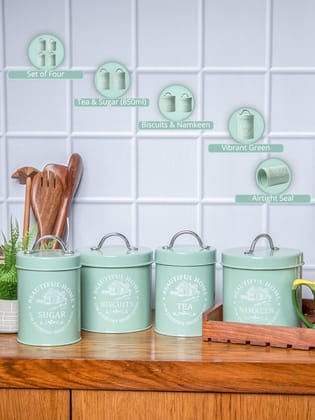 Tea & Sugar Jar (Each 850 Ml) + Biscuits & Namkeen Jar (Each 1300 Ml) - Green, Set Of 4