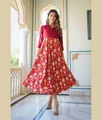 Yash Gallery Women Rayon Printed Ethnic Dress ( Maroon )