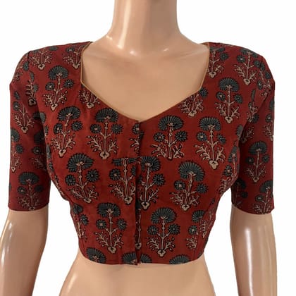Ajrakh Cotton Sweetheart Neck Blouse , Rust-Maroon , BA1180-S