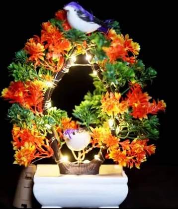 Modo® Artificial Bonsai Green Tree with Light & Sparrow - 'Living Room' Dining Table Decor |Home,Office Party Decor- Green & Orange (23.5)