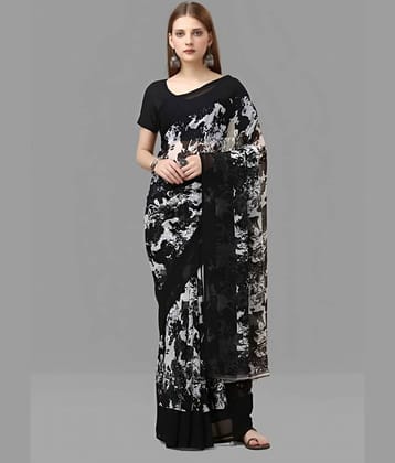 Bhuwal Fashion Georgette Printed Saree With Unstitched Blouse Piece ( Black )