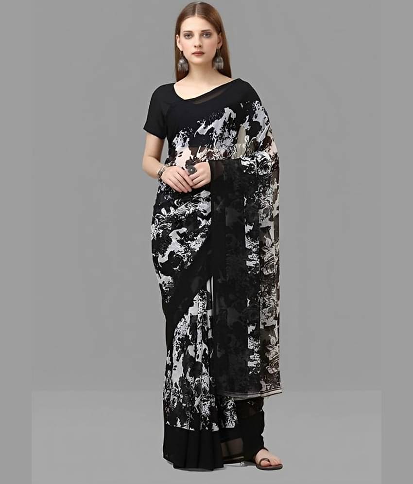Bhuwal Fashion Georgette Printed Saree With Unstitched Blouse Piece ( Black )