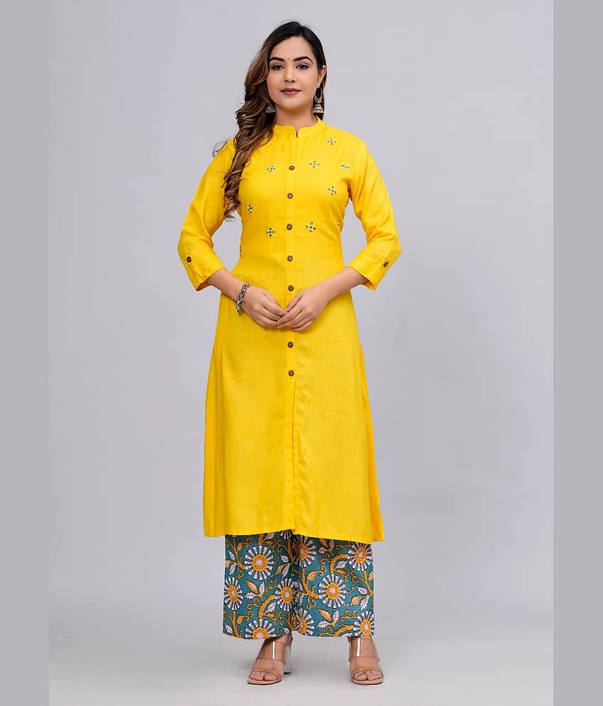 MAUKA Rayon Embellished Kurti With Palazzo Women's Stitched Salwar Suit - Yellow ( Pack of 1 )