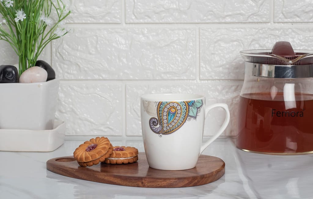 Femora Indian Ceramic Handmade Painted Peacock Design Tea Cup Coffee Cup - 6 Pcs,160 ML - Small Serving