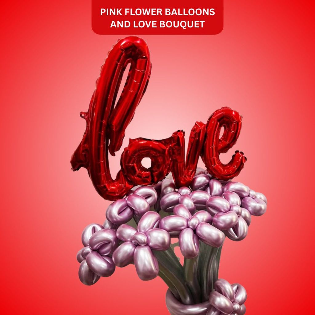 Pink Flower Balloons with Silver Sticks and Love Bouquet - Flowers | Buy online on ZillyBuy