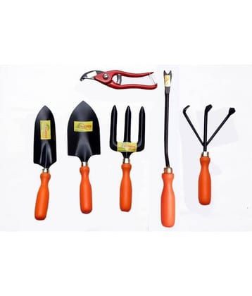 GLOBUS 119 Garden Tool KIT Pack of 6 PCS (RED..Transplanter, Big Trowel, Weeder Fork, Weeder, Cultivator 8" Pruner Metal, RED)