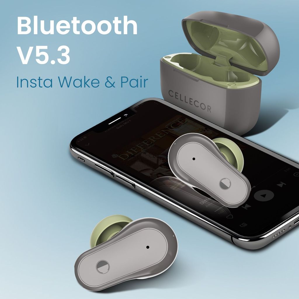 Cellecor BroPods C109 QUAD TWS, 60H Playtime,Quad Mic ENC,5.3v BT,50ms Low Latency Gaming Bluetooth-Grey Olive Green