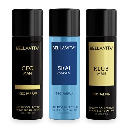 Bella Vita Luxury Body Parfum Gift Set for Men | Pack of 3 x 150ml | No Gas Deo for Man | CEO, Skai Aquatic & Klub | Long Lasting Fragrance with Tonka, Bergamot, Vanilla Bella Vita Luxury Body Parfum Gift Set for Men | Pack of 3 x 150ml | No Gas Deo for 