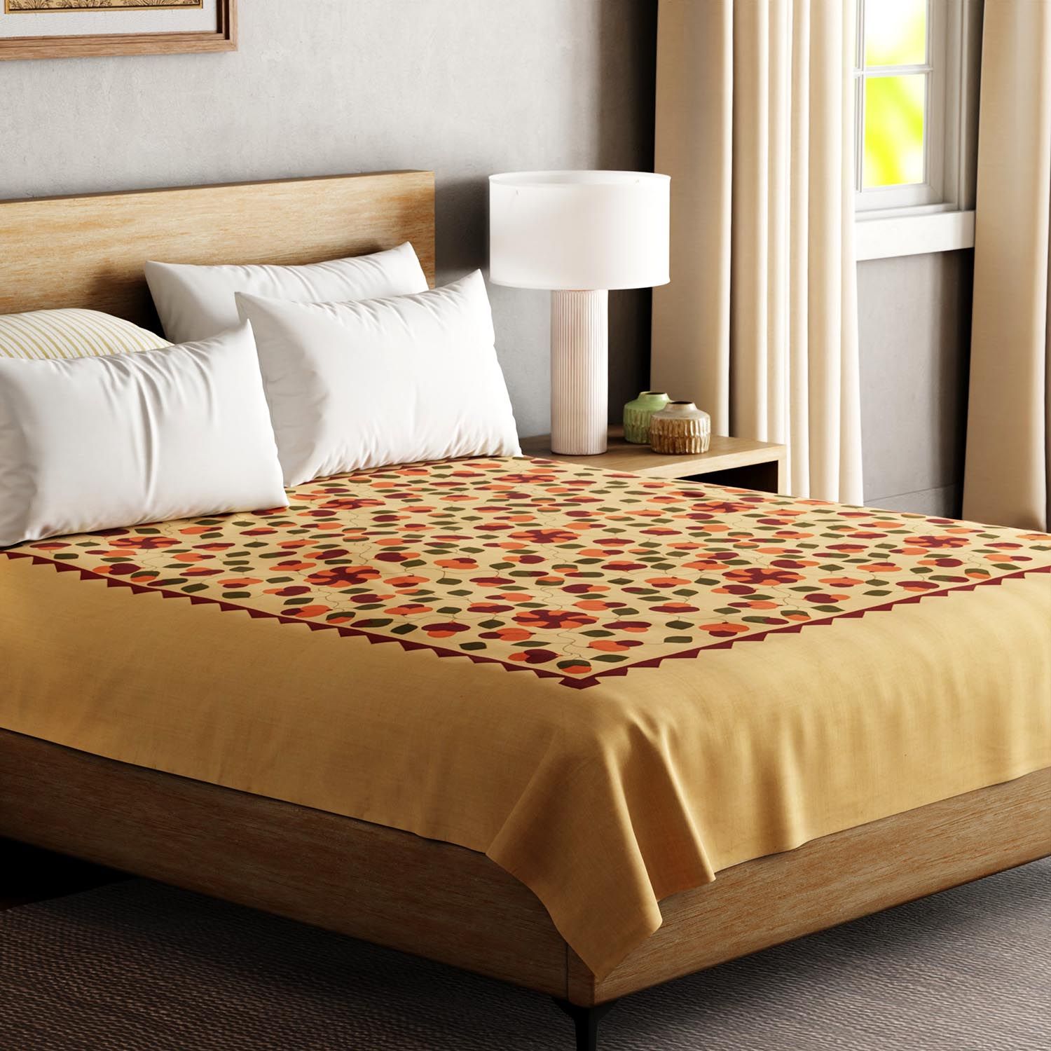 Applique Bed Cover Beige, Rust & Green - 90x108-90 Inches x 108 Inches / 100% Cotton
