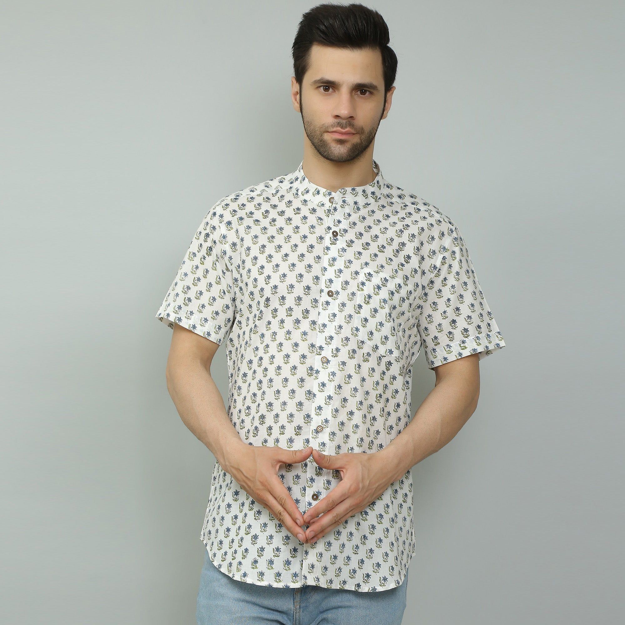 white Cotton printed half sleeves band collar shirt-M