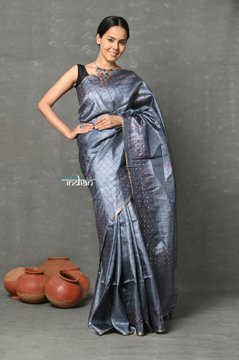 Tyohaar ~ Pure Handloom Tussar Silk with Hand Mirror Embroidery by Khadigram Certified Weavers ~ Grey