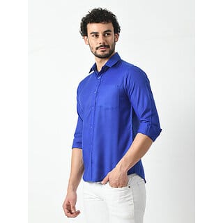 Alokk Men Regular Fit Solid Curved Collar Casual Shirt (Dark Blue)