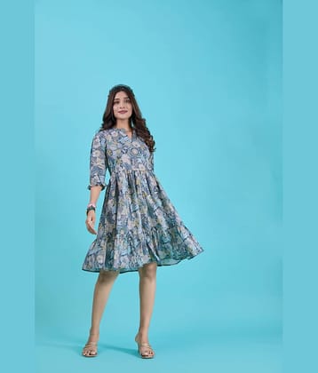 Amarasha Women Crepe Printed Fit & Flare Dress ( Blue )