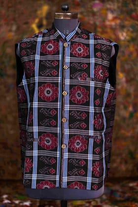 The Utkala Lakshmi: Handwoven Sambalpuri Ikat Nehru Jacket in Black