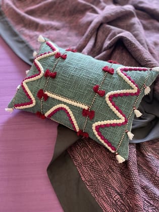KRI India Dori Blue Slub Tasselled Cushion Cover | Blue with pink & white dori work  | 12x18 inches  | Wash & Care | 100% Cotton | Handcrafted in India. 100% organic & natural.