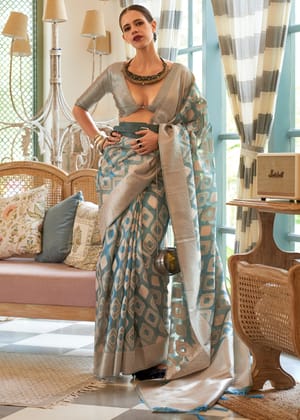 Pastel Blue Woven Banarasi Tissue Silk Saree