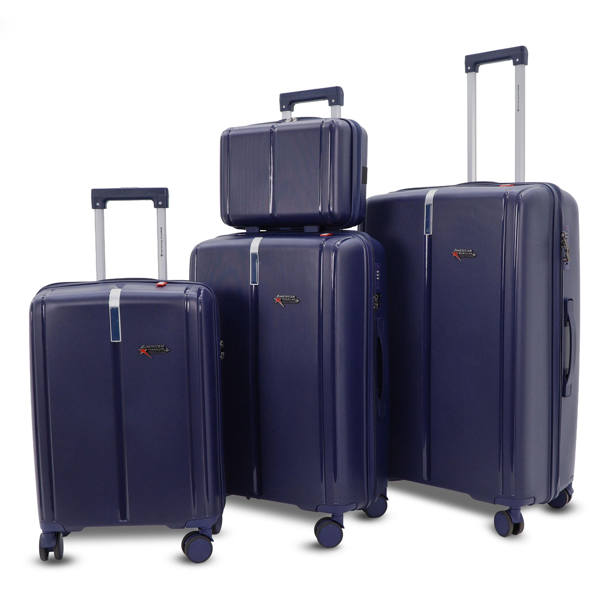 AMERICAN TRAVELLER Tokyo Polypropylene 4-Piece Luggage Trolley Bag Set | TSA-Type Lock, 360 Spinner Wheels, Durable Hard Shell Suitcase for Travel (4, Dark Blue, Mini,Small,Medium,Large)