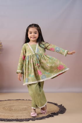 Green Printed Pant and Kurti Set-0-6 months