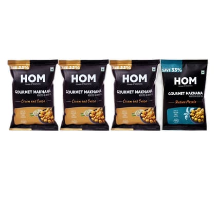 Gourmet Makhana (Pack of 4) with Flavours of Pudina Masala, 3 Cream & Onion. - 56 gm