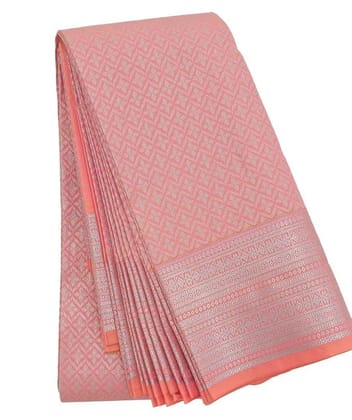 Traditional Semi Silk Saree, Pink Diamond Pattern with Zari Border, 6 Metres with Blouse Piece, Wedding and Festival Wear