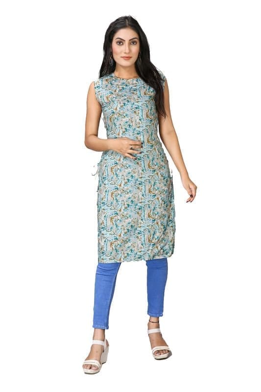 Women's Casual Sleeveless Viscose Rayon Printed Kurti (Light Green, 3XL)-PID46418