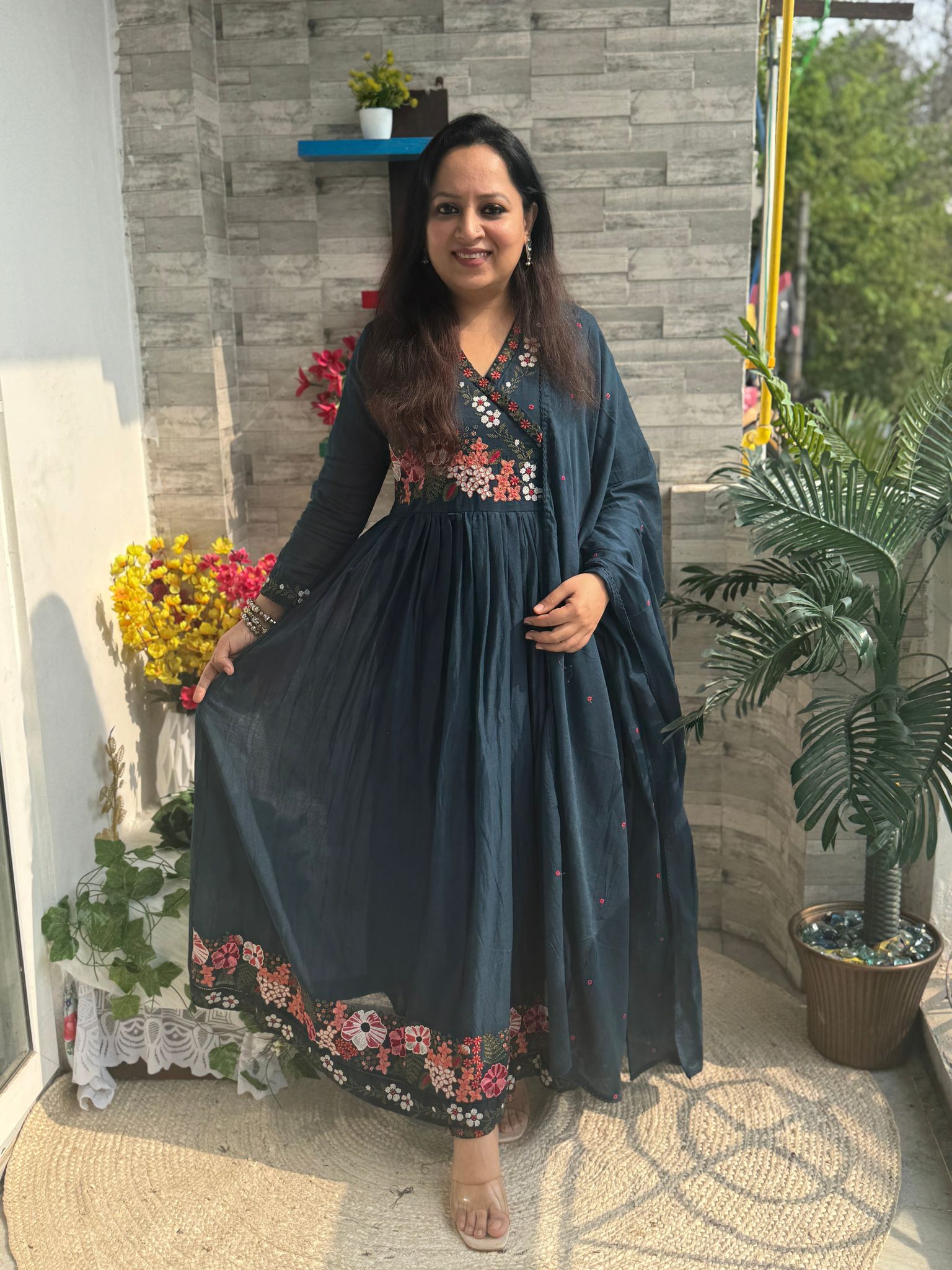 Aaina Teal Mul Anarkali Suit set- Teal Colour-M