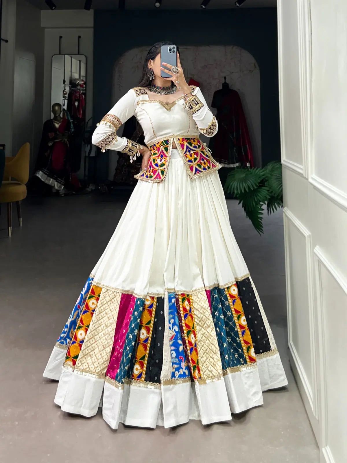 Rayon gamthi work White Concept Navratri Special Chaniya Choli