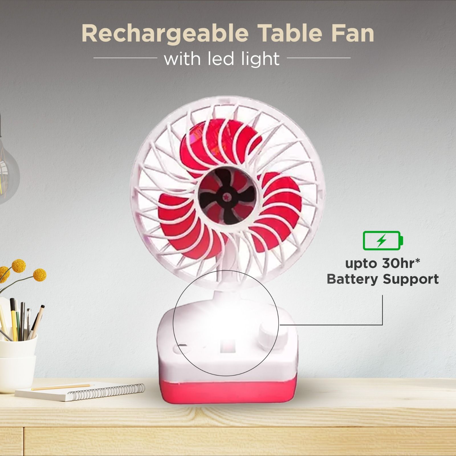 Rechargeable Fan With Led Lamp. Ultra High Speed 3 Blade Portable Fan. Battery Fan. Usb Fan. Charging table Fan, 1400 RPM. ADJUSTABLE HEAD. FOR HOME, OFFICE. ENERGYY EFFICIENT. MINI FAN WITH 1.5 Amp. Battery.