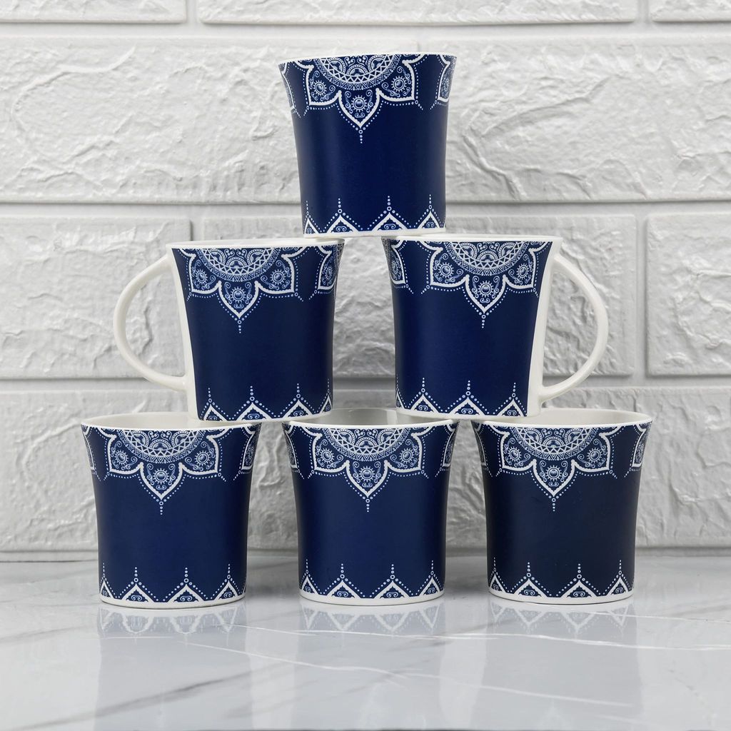 Femora Cosmic Mehendi Tea Cups, Ceramic Tea Cups, Coffee Mugs (160 ml) - 6 Pcs Set (Blue)