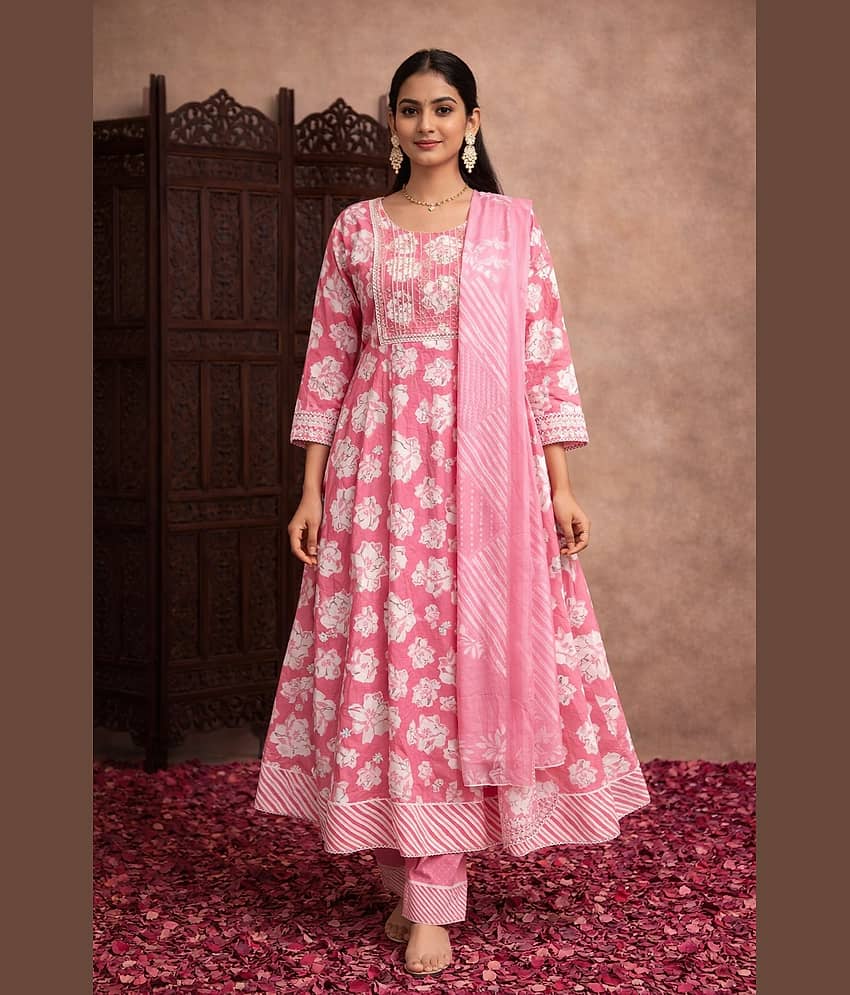 Aarika Women Cotton Printed Flared Kurti With Pants ( Pink )