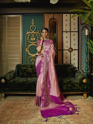 Pink And Purple Silk Zari Base Handloom Weaving Saree