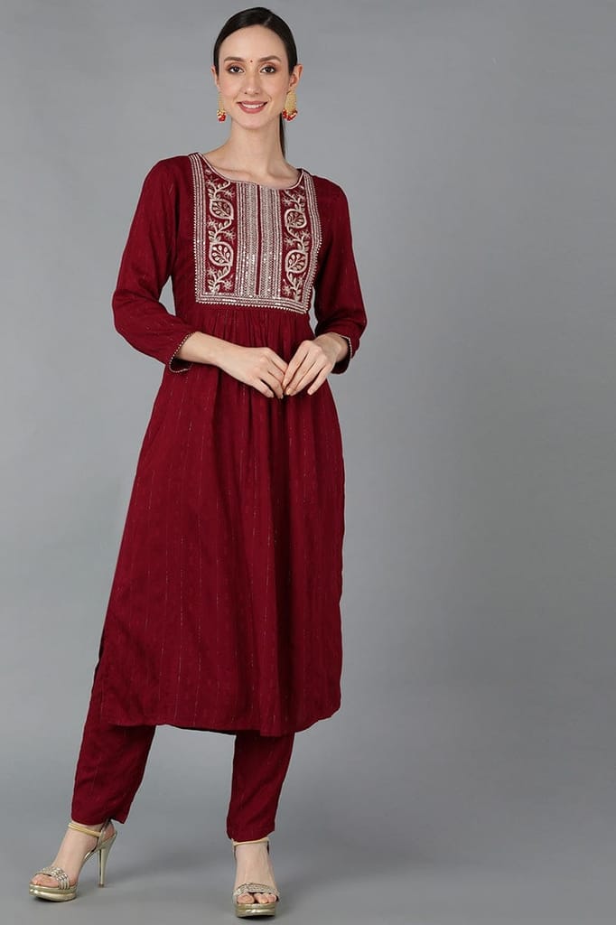 Stylish Women Maroon Silk Blend Yoke Design Solid Straight Kurta Set PKSET1176 2026 at ShopCircu