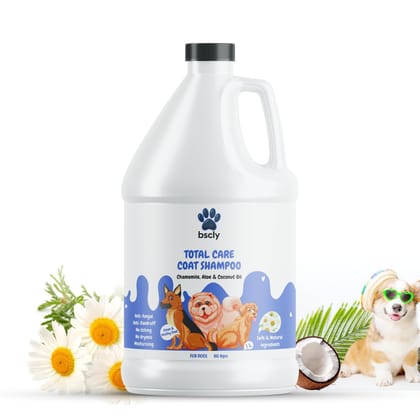 Bscly Total Care Dog Shampoo - Ticks & Fleas Prevention - Enriched with Chamomile, Aloe and Coconut Oil - Moisturizes & Heals Skin - Suitable for Pomeranians to Golden Retrievers, 1000 ml