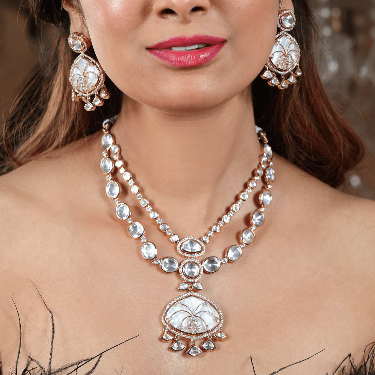 Mother of pearl (MOP), Polki layered necklace with earrings