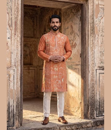 Ethnic Bay Viscose Embroidered Regular Kurta For Men ( Peach )