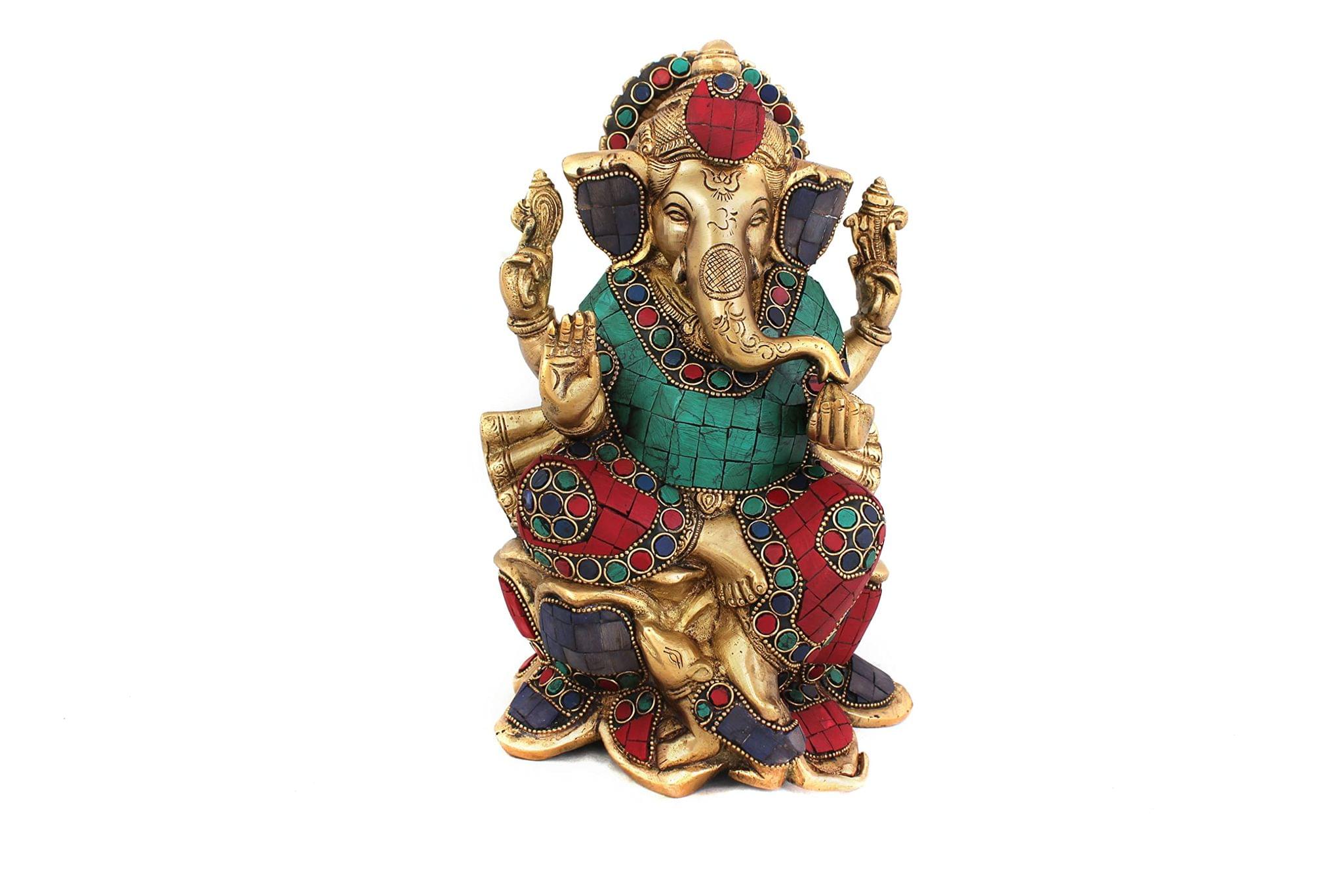 Arihant Craft� Hindu God Ganesha Idol Turquoise Gem Stone Work Hand Work Showpiece � 24.5 cm (Brass, Multicolour)