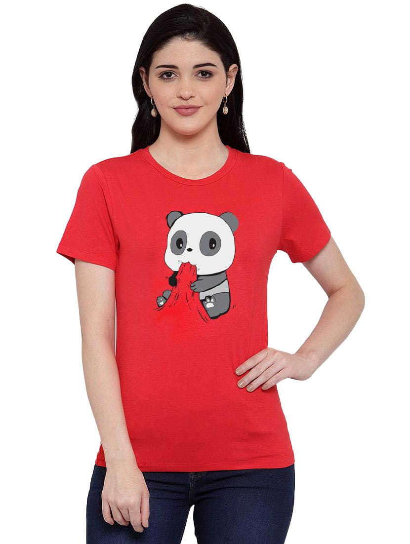 Women's Cotton Blend Panda Bites Printed T-Shirt M (Red)