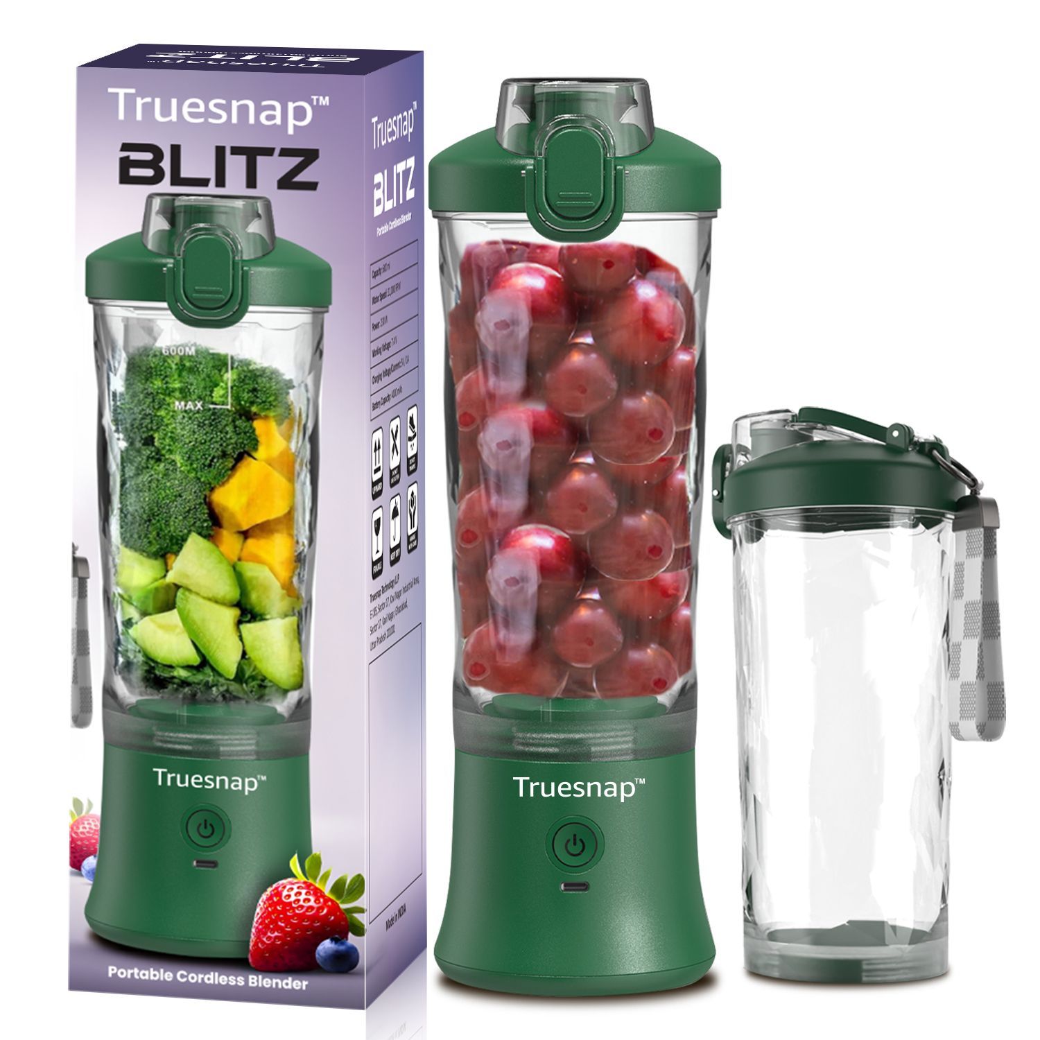 Truesnap Blitz Portable Blender 600ml, USB-C Rechargeable, 4000mAh, 230W Motor, for Smoothies, Shakes & Juices - Green
