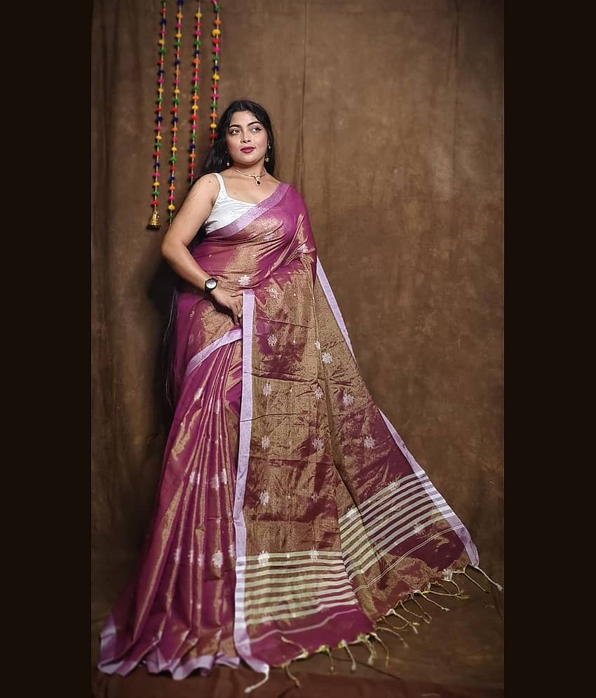 SARADA HANDLOOM Cotton Printed Saree With Unstitched Blouse Piece ( Rani )