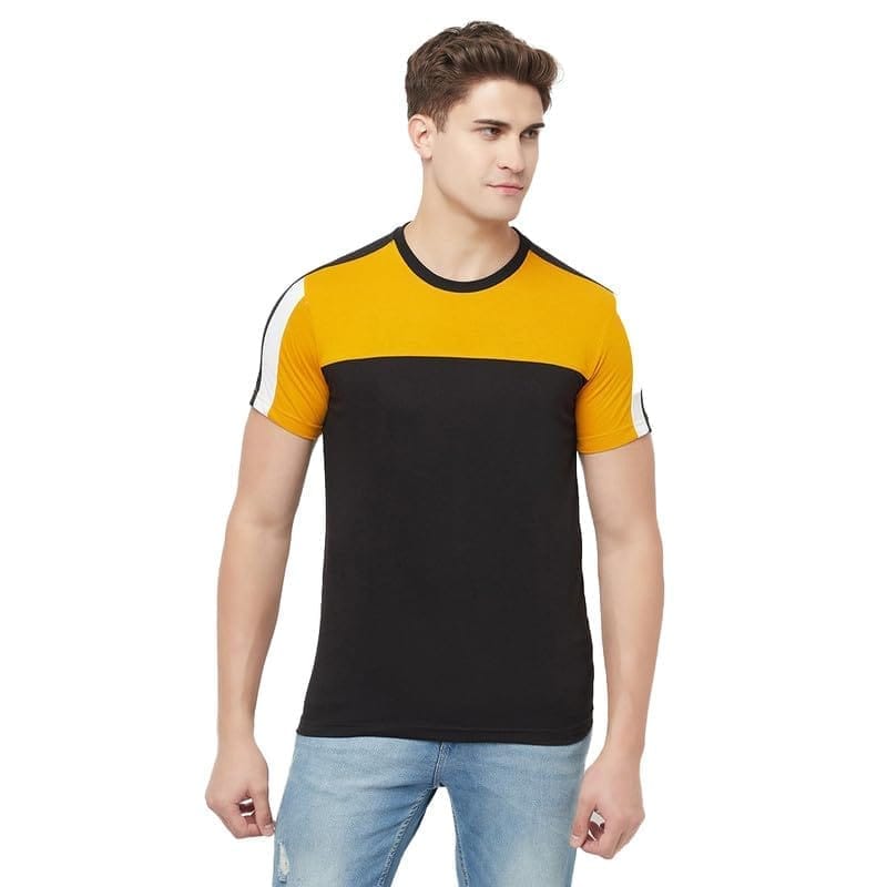 Men's Casual Colorblock Cotton Blend Round Neck T-Shirt (Yellow & Black, L)-PID47801